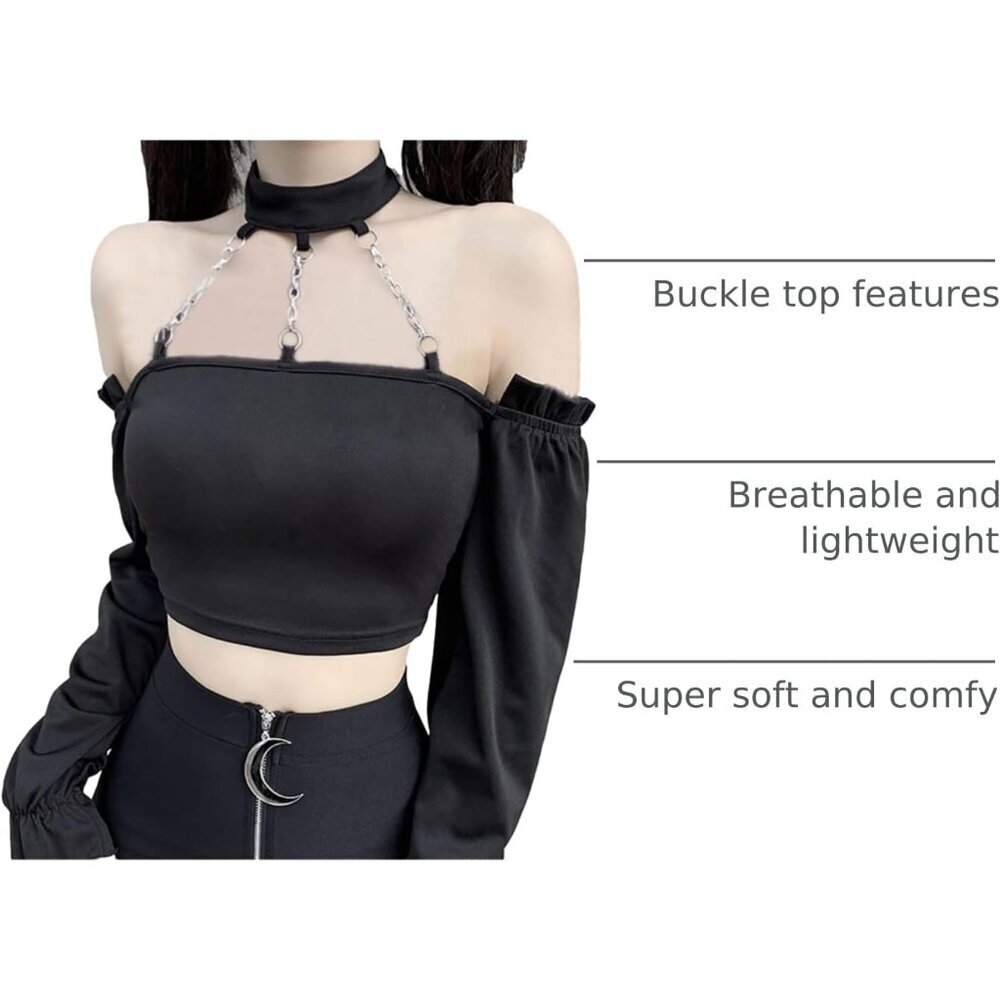 Dark Punk Crop Top with Chains Women Off Shoulder Long Sleeve Solid - Picture 3 of 6
